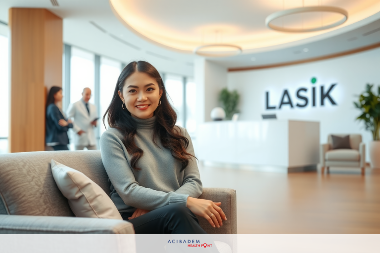 A woman is sitting in a modern office chair, wearing a sweater. She is smiling and has her arms crossed on the armrests of the chair. The office environment includes contemporary furnishings like a sofa and a potted plant in the background.