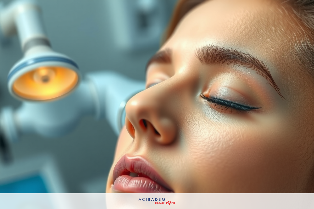 The image shows a woman lying down on her back inside what appears to be an examination or treatment room. The woman's eyes are closed, and she has a serene expression on her face.