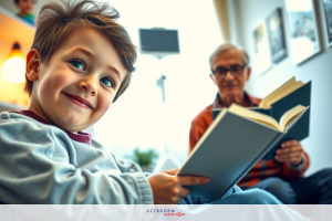 Image shows a young child smiling as they sit on an adult's lap, listening to a storybook being read aloud.