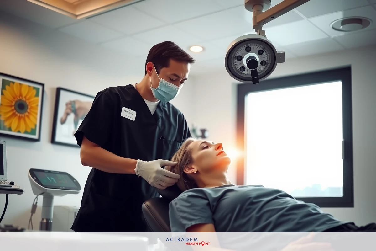 A medical examination in progress with a doctor and a patient. The doctor is wearing protective equipment including gloves, a surgical mask.