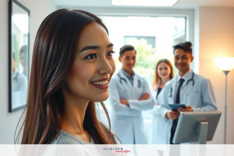 How Much Does a Laser Eye Surgery Cost in India The image shows a woman smiling at the camera while standing in front of three doctors. The environment appears to be a modern, well-lit clinic or doctor's office with large windows and light decor.