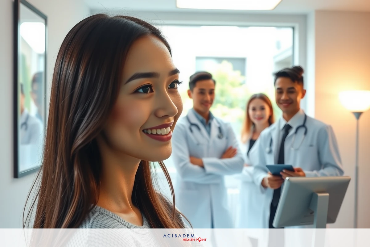 The image shows a woman smiling at the camera while standing in front of three doctors. The environment appears to be a modern, well-lit clinic or doctor's office with large windows and light decor.