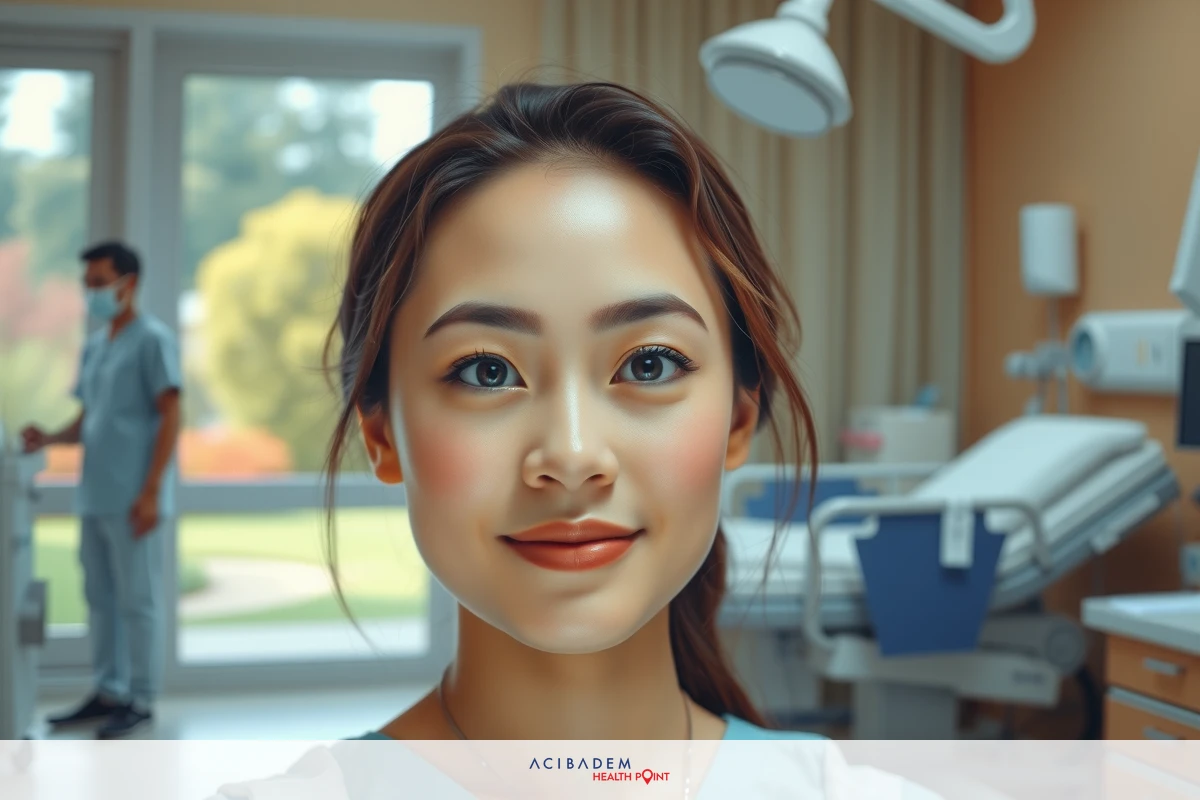 The image features a woman in a hospital setting, possibly dressed as a medical professional. She is standing and looking towards the camera with a light expression on her face.