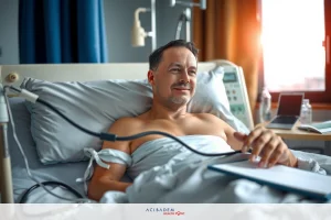 A shirtless man is lying in a hospital bed, with various medical equipment attached to him. He appears to be recovering from a recent illness or procedure.