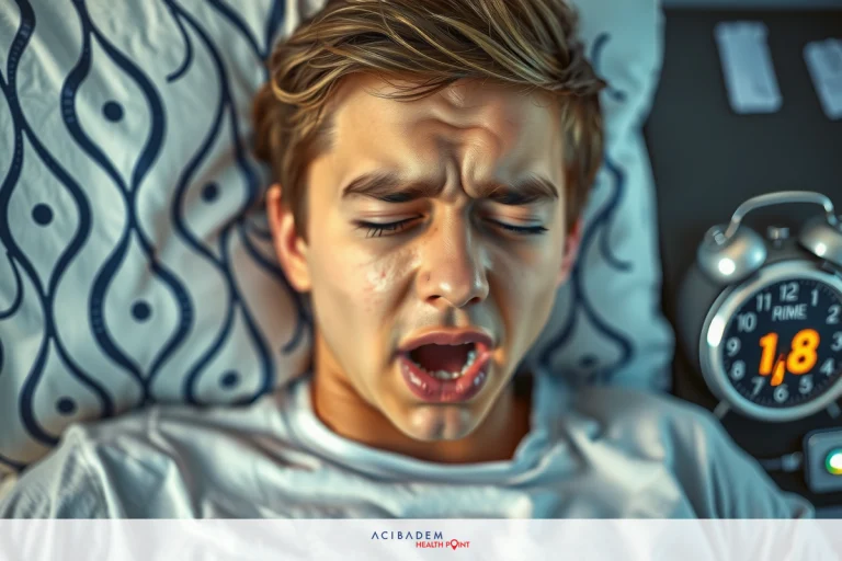 The image depicts a young man lying in bed, appearing to be in distress. He is looking upwards with his mouth open, conveying an expression of intense emotion. The room's ambient light suggests it could be daytime or well-lit indoors.