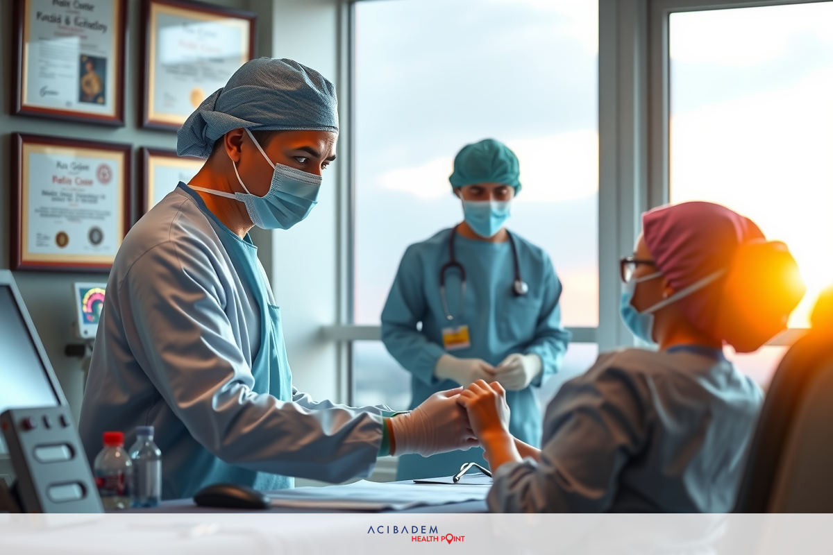 A medical setting with doctors and nurses. They are wearing surgical gowns and face masks, indicating a sterile environment for patient care. The room has large windows allowing natural light in and is decorated with framed certificates on the wall.