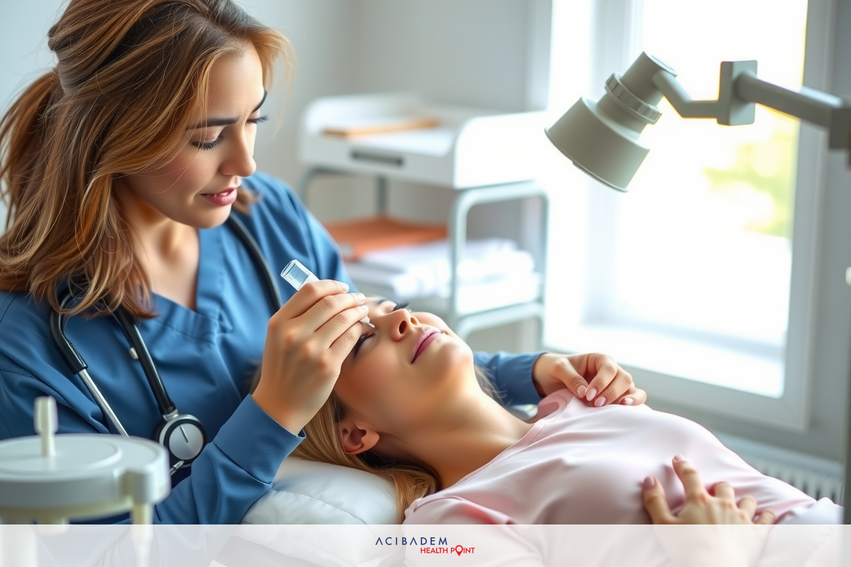 A female nurse in a medical office, examining the nose of another woman who is seated on a medical table. The setting includes clinical equipment and a professional environment focused on healthcare services.