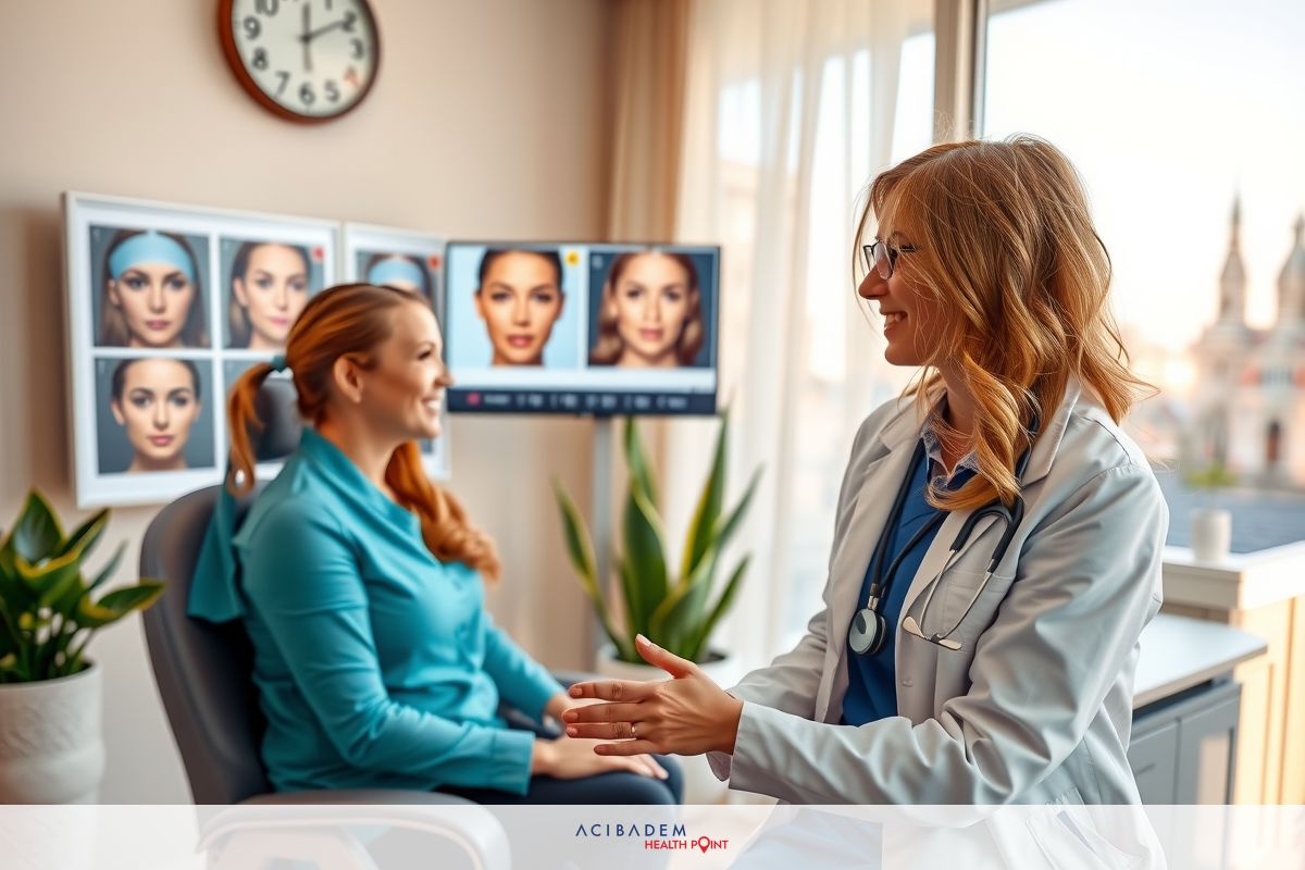 In a well-lit office setting, a female doctor and a woman patient are seated facing each other across a desk. The doctor is wearing a white coat, while the patient is comfortably dressed in blue.