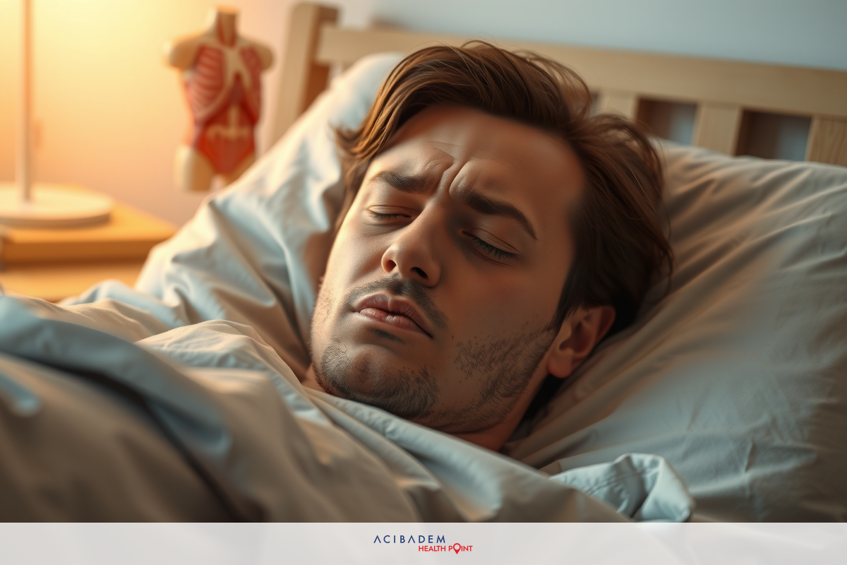 The image depicts a man lying in bed with his eyes closed, giving an impression of rest or sleep. He is wearing casual attire and the room has a warm ambiance with soft lighting. The focus of the image is on the man's face, capturing a moment of peacefulness or exhaustion.