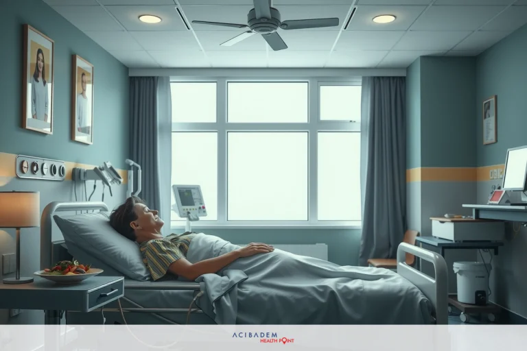 What Activities to Avoid After Rhinoplasty The image depicts a hospital room with a patient lying on a bed. The person is hooked up to medical devices and appears to be resting or recovering. There are two windows allowing natural light into the room. The walls are decorated with framed pictures, which adds a personal touch to the otherwise clinical environment. The color palette of the room is predominantly in shades of blue and white.