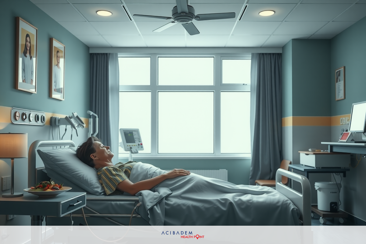 The image depicts a hospital room with a patient lying on a bed. The person is hooked up to medical devices and appears to be resting or recovering. There are two windows allowing natural light into the room. The walls are decorated with framed pictures, which adds a personal touch to the otherwise clinical environment. The color palette of the room is predominantly in shades of blue and white.