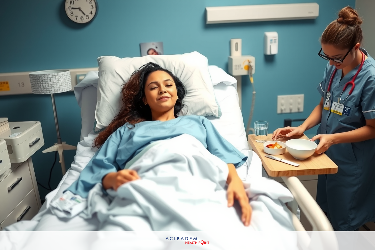 In the image, there is a hospital setting. A young woman is in the foreground lying on her side on a hospital bed with medical equipment next to her. Another woman, presumably a healthcare professional, stands beside the bed, interacting with the patient. The environment suggests a clinical yet caring atmosphere, with blue walls and various medical items scattered around.