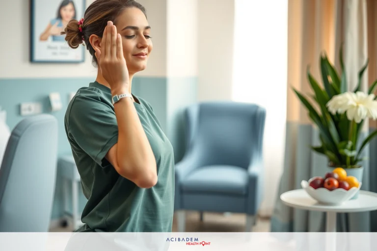 A professional woman wearing a surgical gown is standing in a modern medical office. She is holding her head with one hand, and the other hand appears to be resting on a stomach area suggesting she might be a nurse or doctor.
