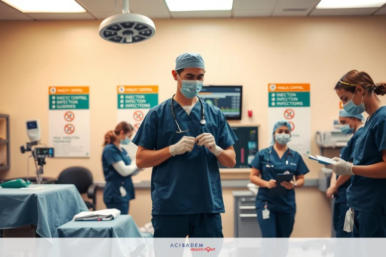 This is an image of a medical or surgical room, possibly a hospital operating theatre. There are several medical professionals wearing blue scrubs and face masks, indicating that they may be surgeons or nurses preparing for a procedure.