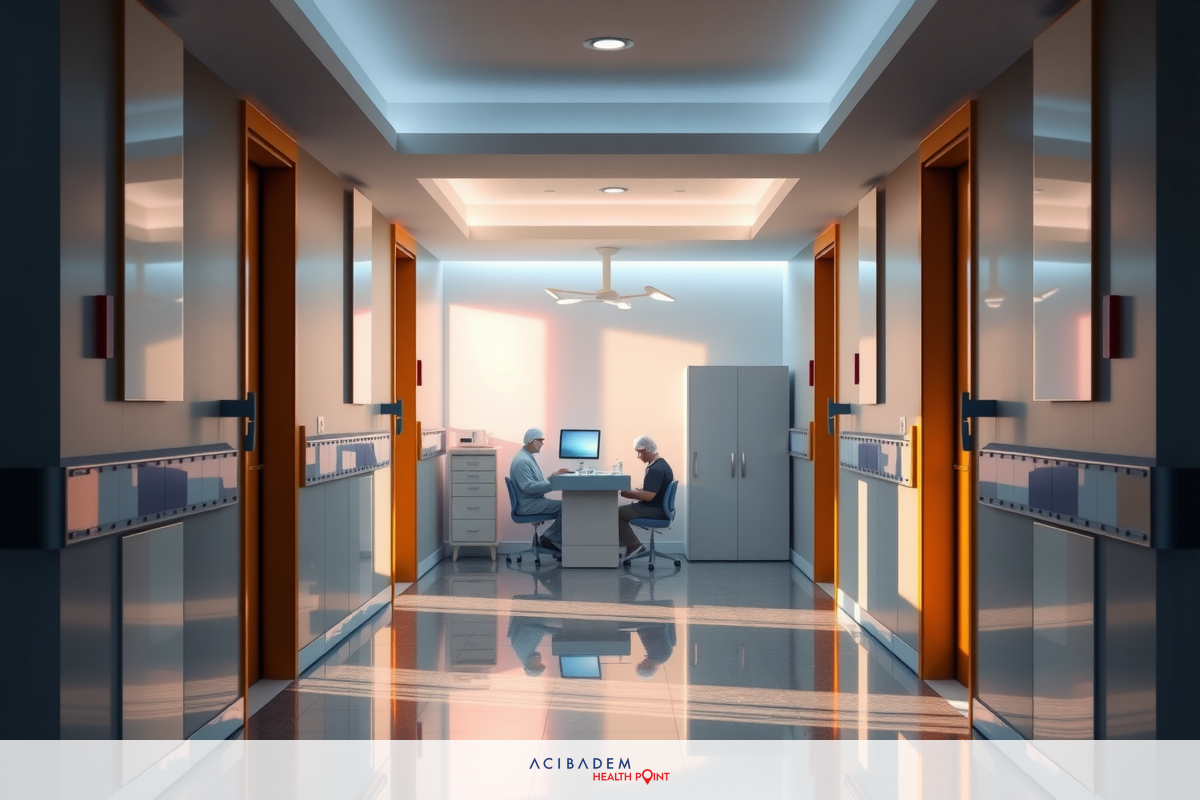 The image displays a futuristic, clean hospital room. Key visual elements include white tiled flooring and walls, a stainless steel reception desk with a monitor and a seated worker, a large screen on the wall showing medical information or a video conference, and ambient lighting that gives off a sterile yet warm atmosphere.