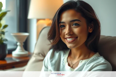 A young woman with a smile on her face, wearing a white top. She is seated comfortably on a sofa in a warmly lit room. The environment suggests an indoor setting with soft lighting and cozy furnishings.