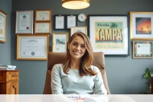 The image depicts a professional office setting. There is a seated woman wearing business attire with her hair styled. She appears to be engaged in a conversation or presentation, as suggested by the formal setting and her attentive posture.