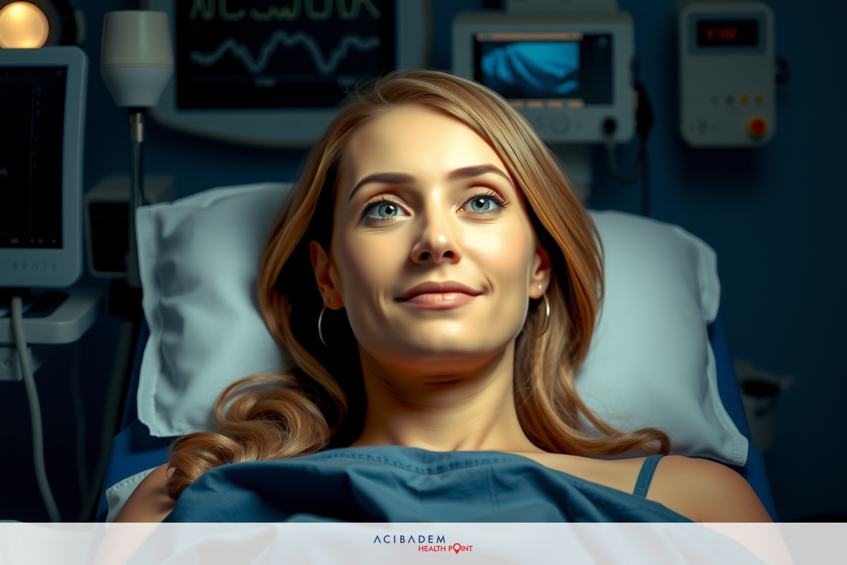 The image shows a woman lying in a hospital bed with medical equipment around her. She appears to be relaxed and smiling, which contrasts with the typical expectations of a hospital setting.