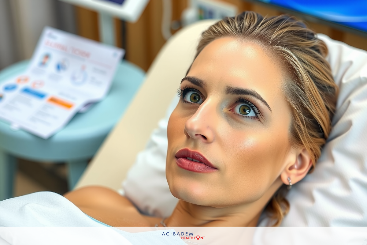 The image shows a young woman lying on her back in what appears to be a rhinoplasty setting. She is wearing a white gown and looking directly at the camera with a serious expression. The room has medical equipment, and there are informational documents nearby, suggesting this might be a consultation or examination session.