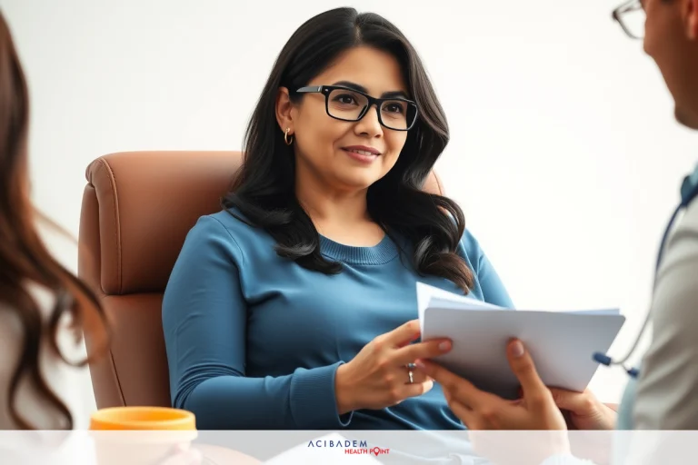 Can a Patient Refuse Bariatric Surgery? Image depicts an indoor setting, likely a corporate or medical environment. A woman with dark hair is sitting in an executive chair, wearing glasses and a blue blouse, holding documents. She appears to be engaged in a professional discussion. In front of her, a man is standing, holding papers, dressed in a business suit, suggesting he might be presenting information or discussing work matters.