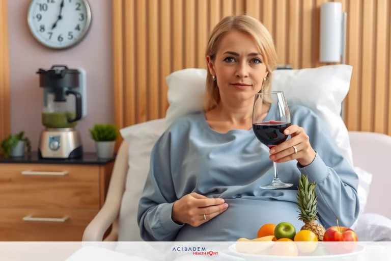 Can I Drink After Gastric Sleeve? A woman in a hospital bed, holding a glass of red wine and enjoying a healthy snack comprising fruit slices.