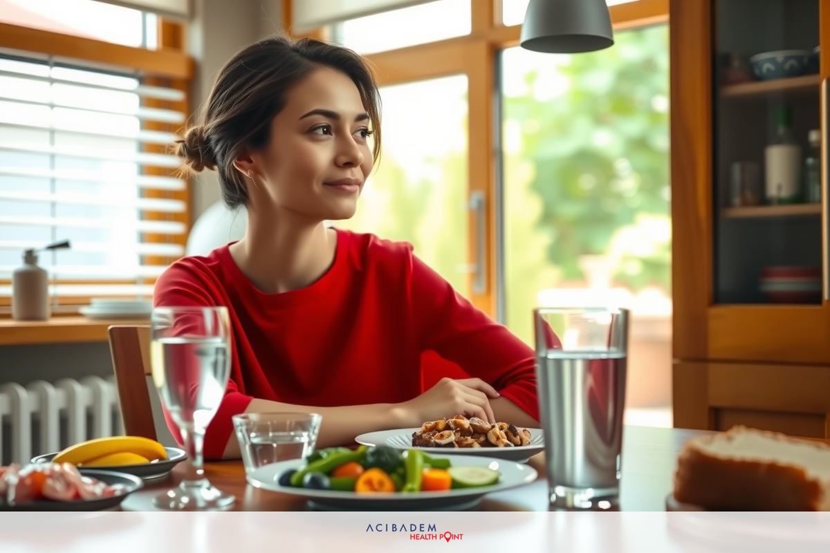 The image shows a woman sitting at a dining table, looking towards the viewer with a smile. She is wearing a red top and appears to be enjoying her meal which includes vegetables and a glass of water. The setting suggests a home environment with natural light coming through windows.