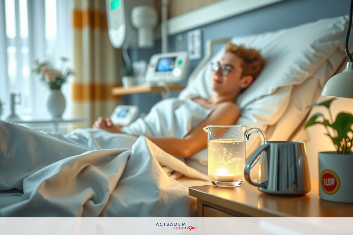 Hospital room with a young male patient lying on a hospital bed. He is wearing glasses and appears to be resting or receiving medical treatment. The room includes medical equipment such as monitors, an IV drip, and various medical supplies arranged on a stand beside the bed.
