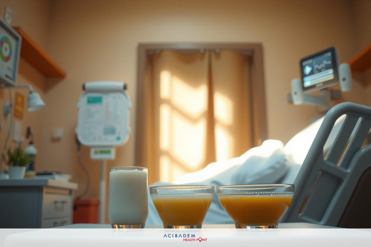Inside a hospital room, a tray with three drinks sits on the bed. There is milk, orange juice, and apple juice arranged in small glasses.