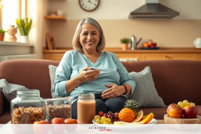Can I Eat Bread After Gastric Sleeve? The image shows a woman sitting comfortably on a couch with various fresh fruits and snacks arranged in front of her. She is smiling and appears to be enjoying a healthy, relaxed moment at home.