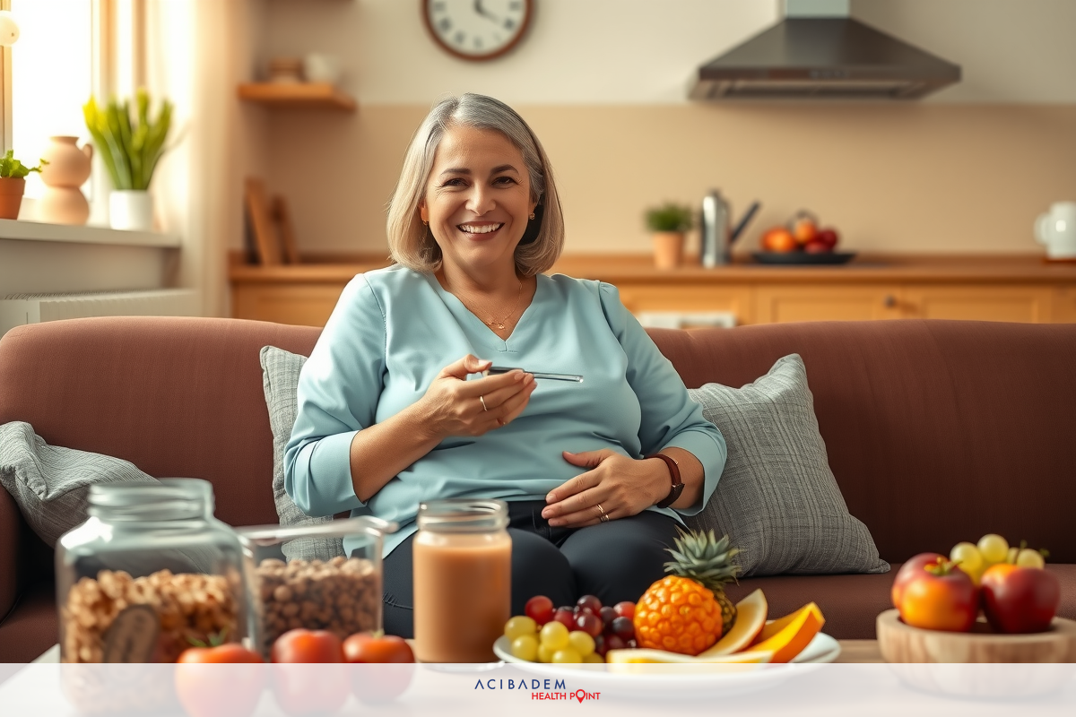 The image shows a woman sitting comfortably on a couch with various fresh fruits and snacks arranged in front of her. She is smiling and appears to be enjoying a healthy, relaxed moment at home.