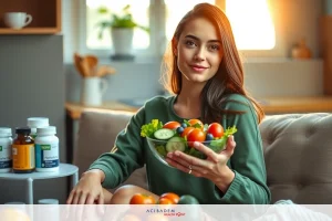 The image features a woman sitting comfortably on a couch, holding a bowl of vibrant fruits and vegetables. The setting is cozy and inviting with natural light streaming through the windows, illuminating the scene. The color palette is warm and soothing, with the woman's green top complementing the fresh produce in her hands.