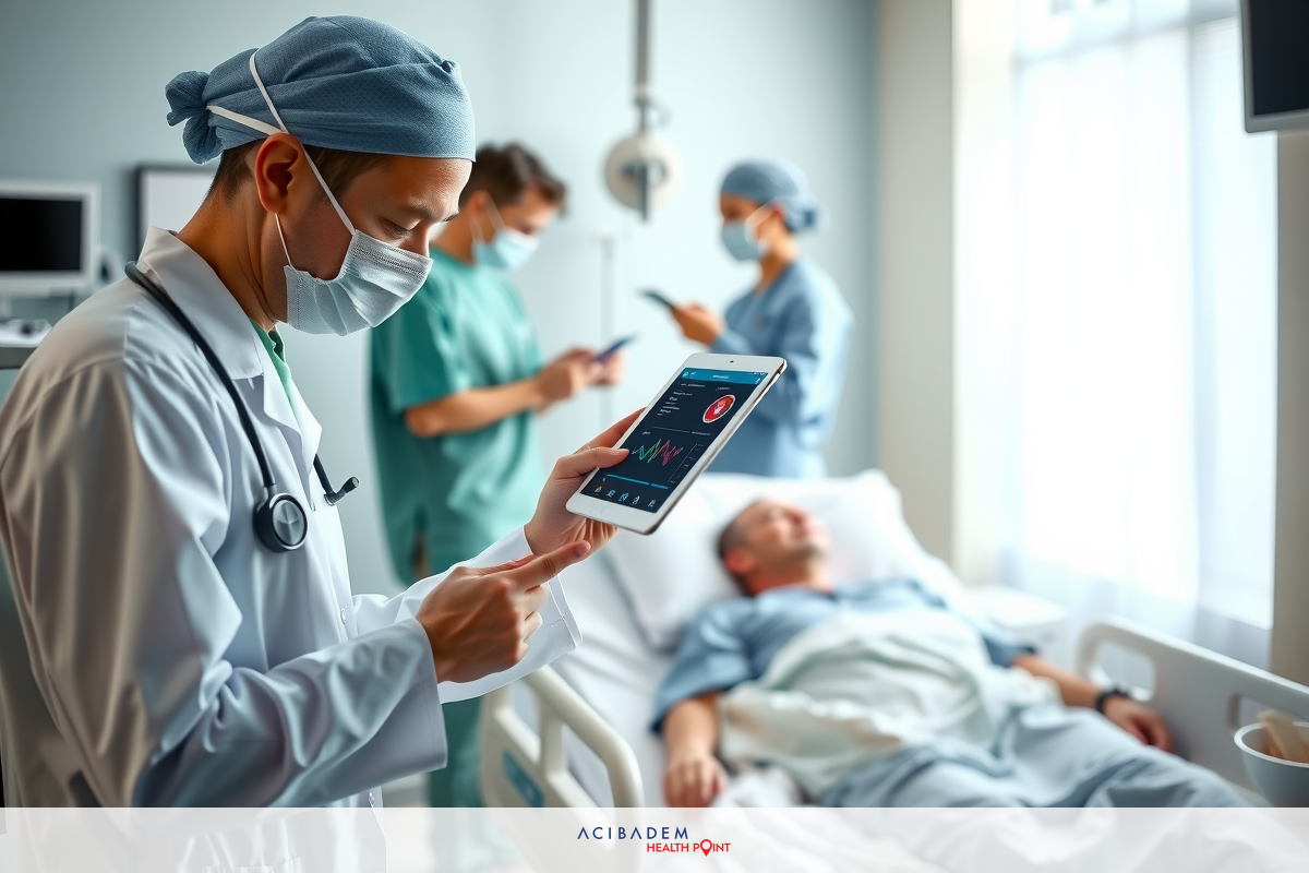 Medical professionals in a hospital setting examining a patient. One doctor uses a tablet, while others look on with concern. A mix of medical and casual attire is visible among the staff. The environment suggests a focus on patient care.