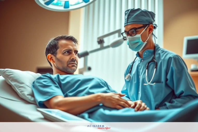 Can I Get Rhinoplasty and Eye Surgery Same Day? In the image, there is a man lying on a hospital bed with medical equipment around him. He is wearing a patient gown and appears to be engaged in conversation with another person standing at his side. The second individual is dressed as a healthcare professional, suggesting they may be a doctor or nurse.