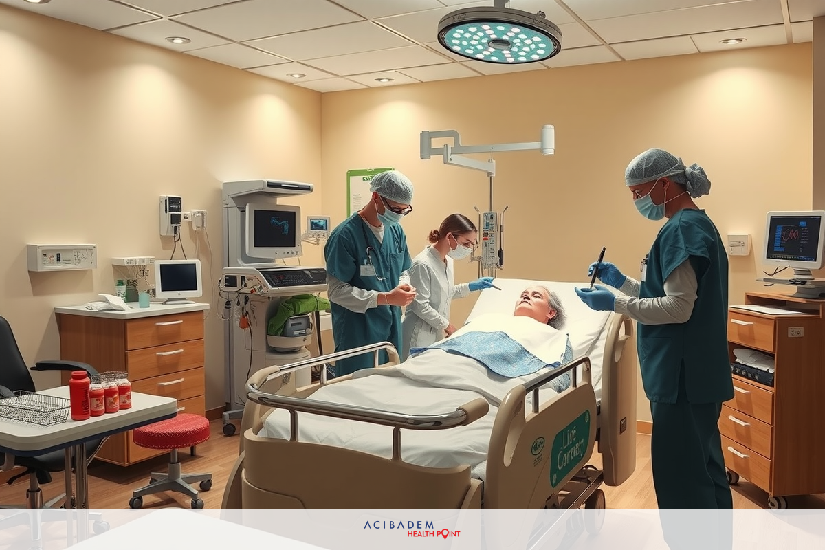 A modern medical examination room with hospital personnel wearing surgical gowns and masks, focusing on patient care during a procedure. The room is well-lit with medical equipment neatly arranged for the procedure.