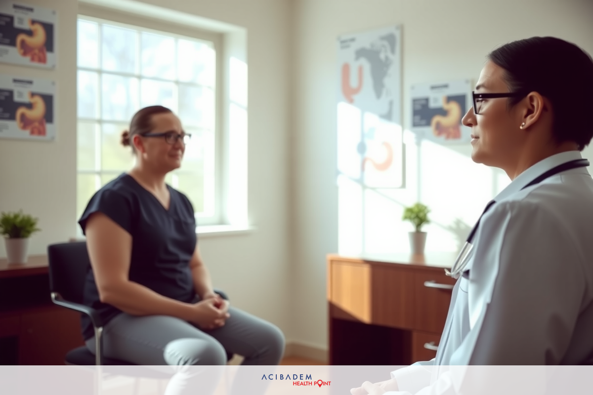 This image depicts a healthcare professional, likely a doctor or nurse, engaged in conversation with a patient seated across from them. The setting appears to be an office environment with modern furniture and decor.