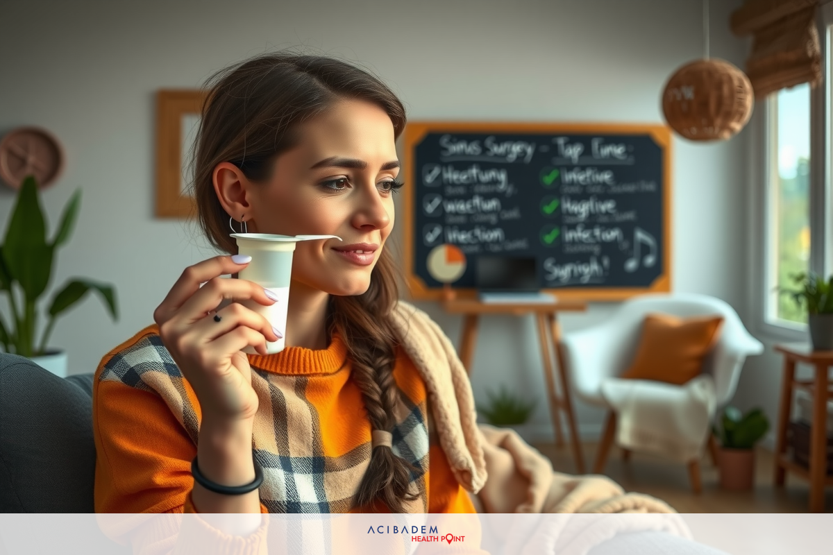 Woman enjoying a warm cup of coffee or tea, wearing a cozy orange and yellow sweater. She's seated on a couch in a homey living room setting with plants and decorative items.