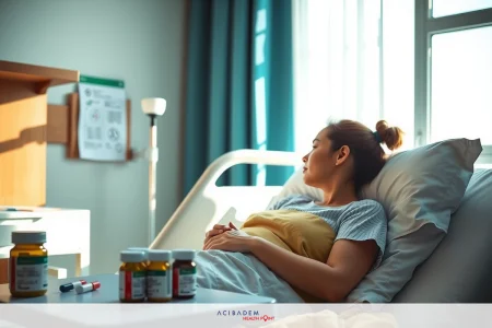 The image shows a woman lying in a hospital bed with her eyes closed. She appears to be relaxed or asleep, and she has various medications beside her on the bed tray. The room is well-lit, suggesting it might be daytime.