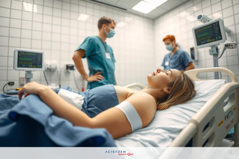 The image shows a hospital setting with medical personnel attending to a patient in bed. There are two medical professionals standing over the patient, who is wearing hospital garments. The room has tiled walls and medical equipment visible around the bed.