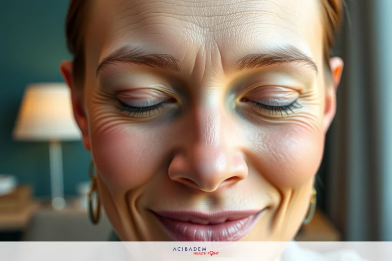 Can Surgery Prevent Stuffy Nose? The image features a woman with closed eyes, suggesting she is either relaxed or experiencing an emotion. Her skin has fine lines indicative of maturity, and there's visible makeup on her face that includes lipstick. The environment is warmly lit, possibly in an indoor setting like a living room.