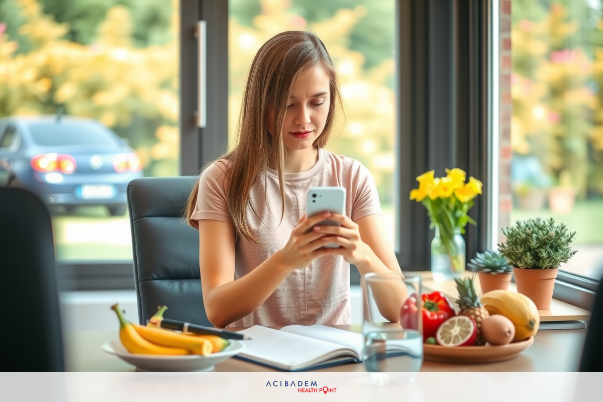 A young woman seated at a desk working on her cell phone, with healthy food items like bananas and a potted plant in the background. The office environment suggests a professional or home workspace.
