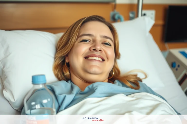 A woman lying in a hospital bed, smiling. She appears to be well-rested and content, with her eyes opened. There is a bottle of water next to her on the bed, suggesting she might have been hydrating during her stay. The environment suggests a medical facility, likely a hospital or clinic.