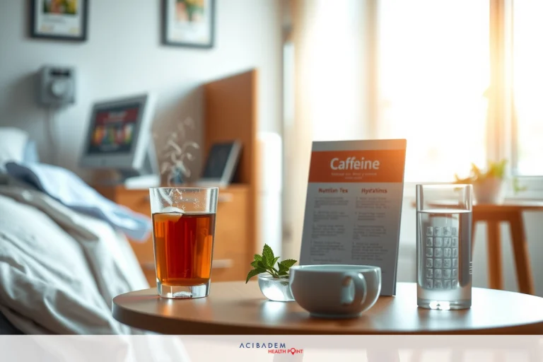 The image shows a small, cozy room with a round table featuring a menu for coffee. The setting suggests it could be in a medical room. There's a cup on the table which appears to be a tea mug next to another one that could possibly be a cup of coffee or tea.