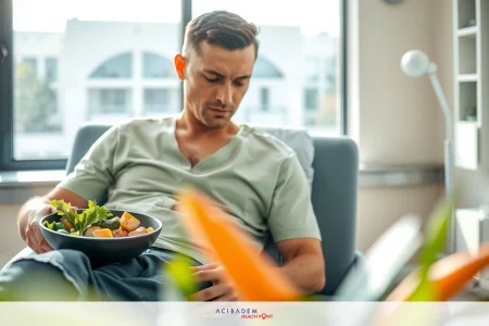 A man relaxing indoors while holding a bowl of salad on his lap. He is seated on a couch in front of a window with daylight streaming in, creating a cozy and health-conscious ambiance.