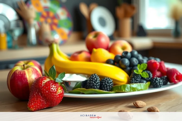 Can You Eat Fruit After Gastric Sleeve? The image shows a plate of fresh fruits with vibrant colors, including bananas, blueberries, strawberries, apples, oranges, and grapes. The fruits are arranged neatly on the plate, with some spilling over onto the wooden countertop they're placed on. The scene suggests a healthy eating lifestyle, emphasizing the variety of nutritious choices available.