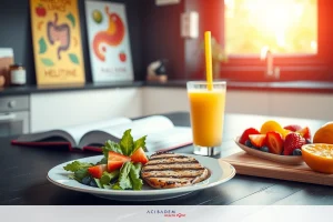 A kitchen scene with a plate of salad and meat, a glass of orange juice, and fruits. The setting suggests a healthy lifestyle or meal preparation.