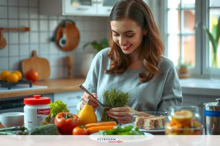 A woman smiling in a kitchen, preparing food with various fresh ingredients like carrots and oranges on the counter.