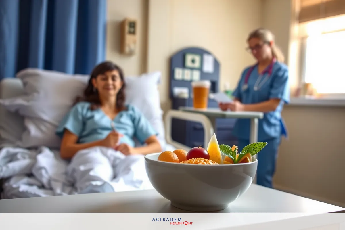 A female nurse is attending to a patient in a hospital room. A fruit bowl sits on the counter, and the patient appears to be receiving care or being checked by the nurse. The focus of this image is on healthcare and patient care within a clinical environment.