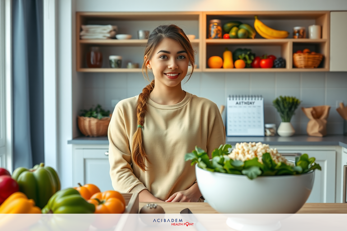 A woman is smiling in the kitchen. There is a table surrounded by various fruits and vegetables. The setting suggests that she may be preparing food or a meal.