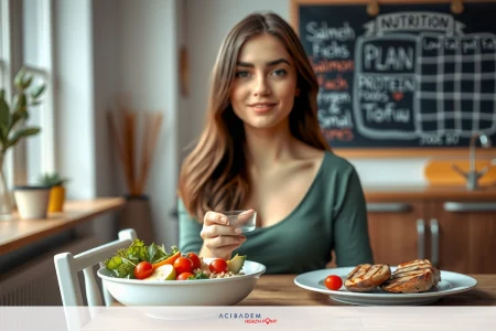 A young woman smiling at the camera while seated at a kitchen table, with various food items in front of her. The environment is warm and homely, featuring wooden furniture and a chalkboard menu on the wall.