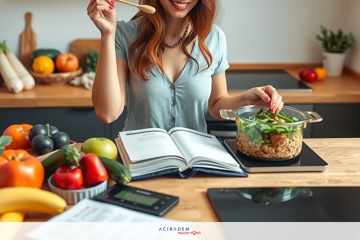 A woman cooking in a kitchen, smiling while surrounded by books and fresh ingredients including fruits and vegetables.